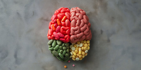 a colorful brain model divided into two halves on gray background: one side is normal, and the other is filled with various colorful pills, symbolizing the impact of medication on mental healthの素材