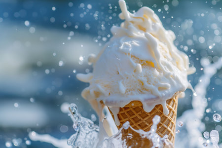 An isolated vanilla ice cream cone on a blue background, themes of summer desert and delicious treat, food photography. High quality photoの素材