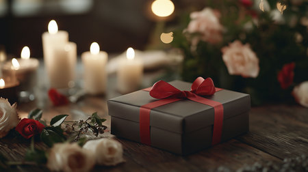 A beautifully wrapped gift sits on a rustic wooden table adorned with glowing candles and fragrant roses, creating a warm atmosphere perfect for a special occasion.の素材