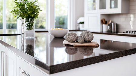 A well-lit kitchen showcases a sleek countertop with decorative stones on a wooden board, along with a bowl of fresh lemons and vibrant herbs in the background near the window.の素材