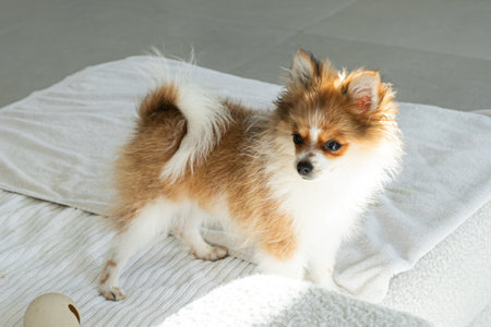 A small fluffy dog stands on a white blanket with a curious expression. Sunlight fills the room, creating a warm atmosphere as the dog interacts with a toy nearby.の写真素材
