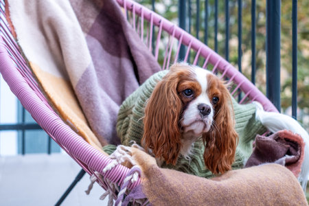 Cavalier King Charles Spaniel is nestled in a cozy chair on a balcony, surrounded by soft blankets, creating a warm and inviting autumn ambianceの写真素材