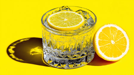 Sparkling water in a clear glass garnished with a lemon slice, set against a bright yellow backdrop, illuminated by soft sunlight, evoking a refreshing summer vibeの写真素材
