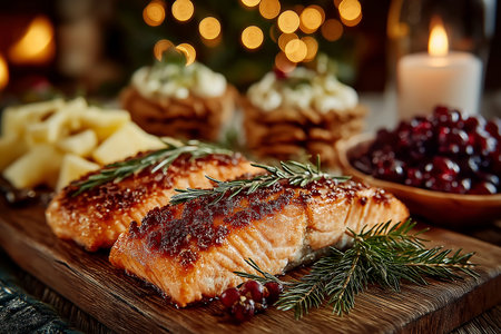 Salmon fillets beautifully arranged on a wooden platter, surrounded by festive snacks and desserts, with twinkling Christmas lights creating a cozy ambianceの写真素材