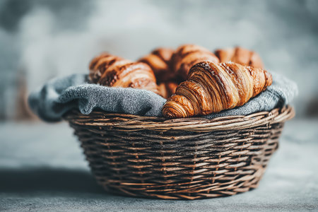 Mini croissants are beautifully arranged in a cozy basket lined with soft fabric, highlighting their delicious texture and inviting appearance in a minimal settingの写真素材