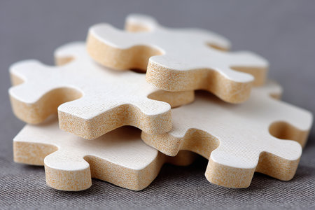 Neatly arranged minimalist puzzle pieces on a neutral background, highlighting their smooth surfaces and clean lines, perfect for design projects and creative concepts with copy spaceの写真素材