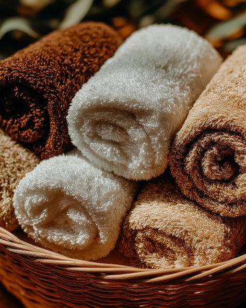 A collection of rolled towels in a basket, showcasing white and beige hues, softly lit to enhance the cozy ambiance and provide a warm, inviting feelの写真素材