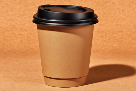A minimalist coffee cup featuring a black lid is positioned against a neutral backdrop, softly lit...