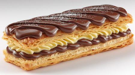Chocolate eclair features layers of flaky pastry filled with creamy custard and topped with a glossy chocolate layer, elegantly presented on a white surface with copy spaceの写真素材