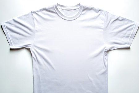 A simple white shirt is laid flat on a clean surface. The shirt has short sleeves and a round neck. It shows no designs or patterns and is bright under natural light.の写真素材