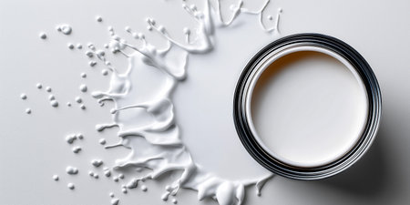 A can of milk is opened and placed on a flat surface. Milk spills out of the can and forms a splash pattern. The scene is well lit and shows the white liquid clearly.の写真素材