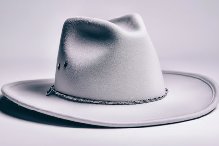 A gray cowboy hat sits on a flat surface with a plain background. The hat shows a unique shape and design, highlighting its wide brim and structured crown.の写真素材