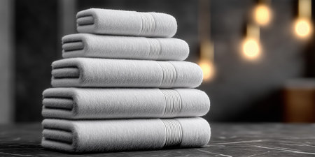 Towels are stacked in a neat pile on a table. Soft warm lights glow in the background, creating a welcoming indoor space. A sense of comfort fills the room.の写真素材