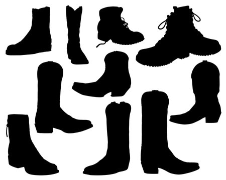 set of cowboy boots silhouettes on a white background. Vector illustration.のイラスト素材