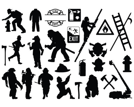 Firefighter Silhouettes. Vector Illustration on White Background.のイラスト素材