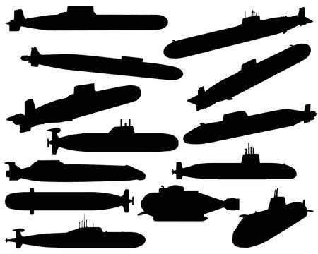 Set of silhouettes of military submarine on a white background. Vector illustrationのイラスト素材