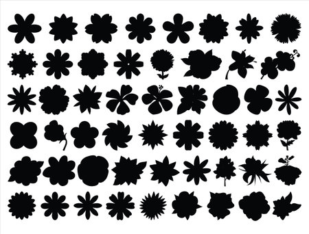 Set of black silhouettes of flowers on a white background. Vector illustrationのイラスト素材