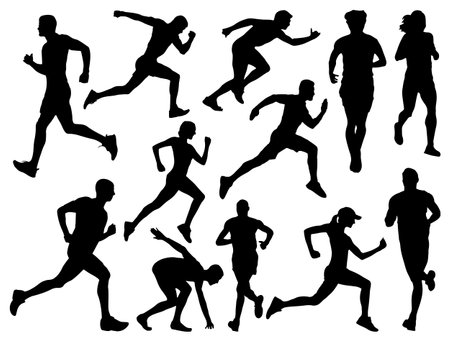 set of silhouettes of runners on a white background, vector illustrationのイラスト素材