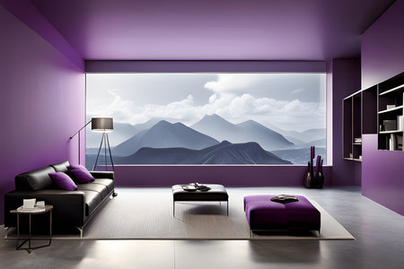 Luxury living room interior with purple walls, concrete floor, purple sofa, coffee table and mountain view. 3d renderingの素材