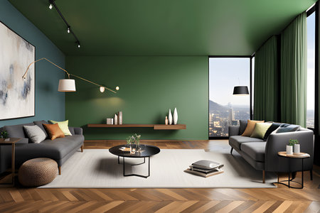 Interior of modern living room with green walls, wooden floor, gray sofa and coffee table with bookcase. 3d renderingの素材
