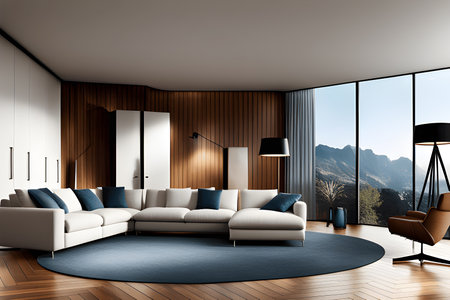 Interior of modern living room with wooden walls, wooden floor, panoramic window and comfortable white sofa. 3d renderingの素材