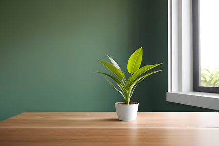 Interior of modern living room with green walls, concrete floor, window and plant in pot. 3d renderingの素材