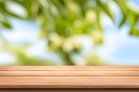 Empty wooden table over blurred green nature background, product display montageの素材