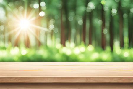 Empty wooden table and green forest bokeh background. For product displayの素材