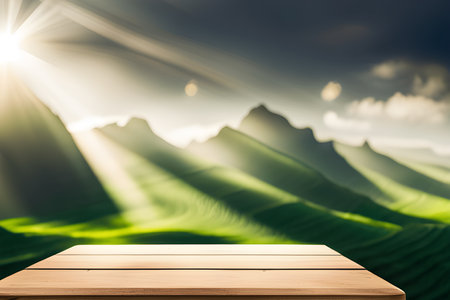 Wood table top on blur green mountain background, product display montageの素材