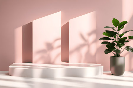 3d render, abstract minimal light pink geometric forms, podium for product displayの素材