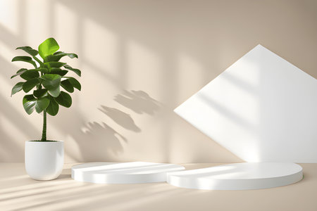 Minimalist abstract light beige product display background with white podium, 3d renderingの素材