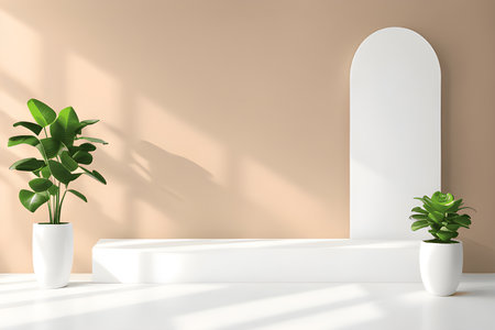 Minimalist abstract light beige product display background with white podium, 3d renderingの素材