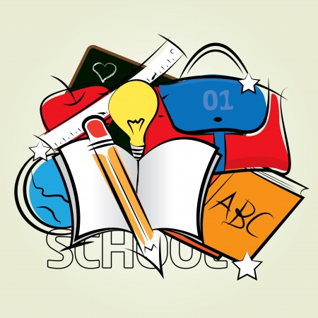 Color drawing of school supplies on the floorのイラスト素材