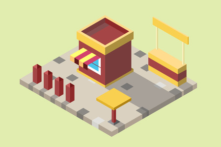 Yellow red kiosk with a showcase with a table and a fence.のイラスト素材