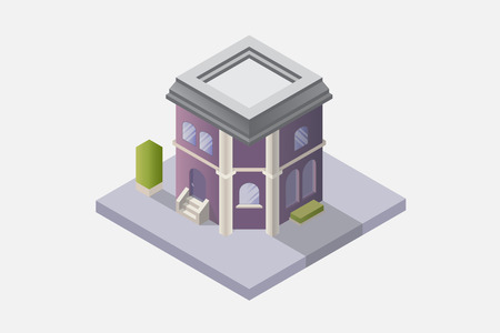 Two-storey building in an isometric view with the bushes on the pavementのイラスト素材