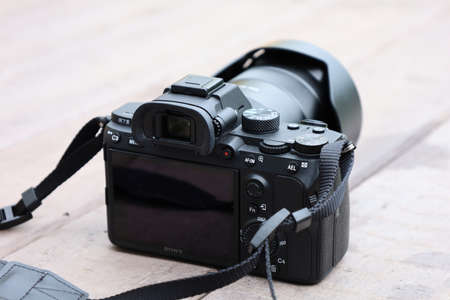 Bonn Germany June, 8 2021 Rear view of Sony alpha 7 III camera outside in natural daylight