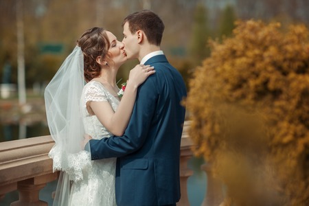 Newlyweds in the park. Groom kisses brideの写真素材