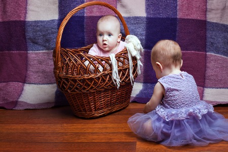 Baby girl is sitting in a wicker basket, the second girl sitting nextの写真素材