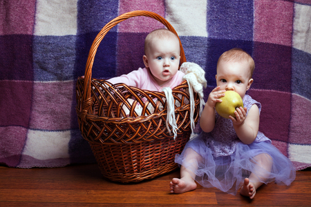 Portrait of two cute little girls. One girl sitting in a basket, the second girl sitting beside her and gnawed appleの写真素材