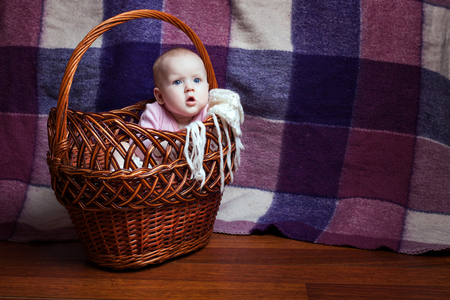 Portrait of a beautiful baby girl in a basketの写真素材