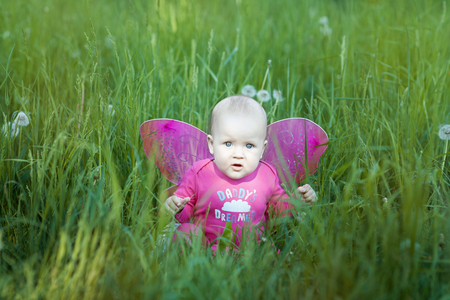 Portrait of a baby girl with pink wings. She is sitting in the grassの写真素材