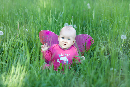 Child girl with pink wings sitting in the green grassの写真素材