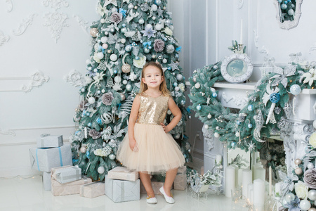 Little girl stands near the Christmas tree in the room.の写真素材