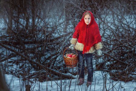 Portrait of a cute little girl in a red fur coat in the winter forest. She is holding a basket of pies and apples in her hands.の写真素材