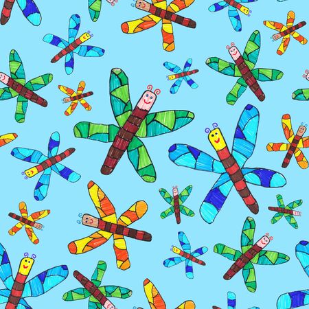 Dragonflies pattern hand drawn, seamless with light blue backgroundの写真素材