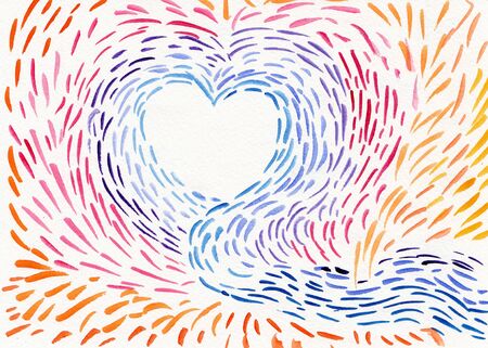Hand drawn abstract background about love, sympathy, miracles. Watercolor brush strokes create a heart shape, bright colorful vibrant effect, like sparkles or fireworks.の写真素材