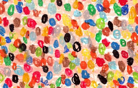 Colorful hand drawn spotted pattern, bright wax craon circles of various colors like confetti or fruit dropsの写真素材