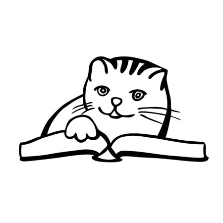 Cute Cat reading a book vector illustration. Paw on the book,whiskers, smiling character.のイラスト素材