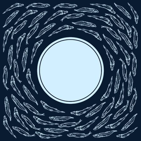 Fish circular design - CD cover or food package with copy space in the circle - symbol of light or moon or a  plate. Hand drawn smelt fish swimming around.のイラスト素材