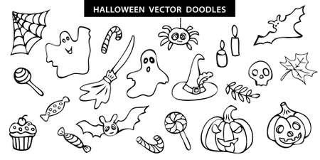 Halloween vector set with 21 hand drawn doodle elements - bat, pumpkin, ghost, candies, spider, etc. Black and white spooky elements for decoration, coloring or making patternsのイラスト素材